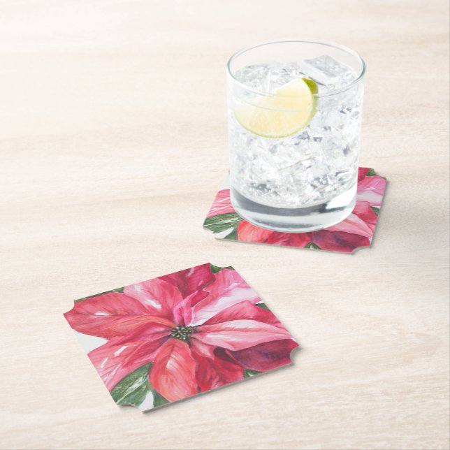 Christmas Red Poinsettia Flower Paper Coaster (Insitu)