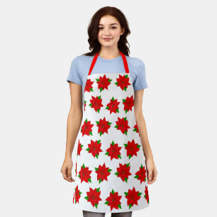 Christmas Red Poinsettia Flower Pattern on White Apron