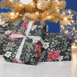 Christmas Red Poinsettia Flowers and Berries   Wrapping Paper