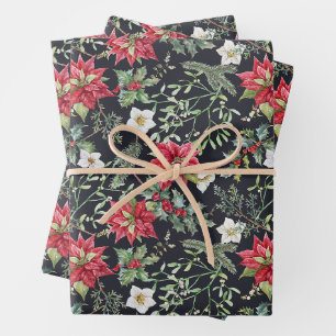 Christmas Red Poinsettia Flowers and Berries  Wrapping Paper Sheet