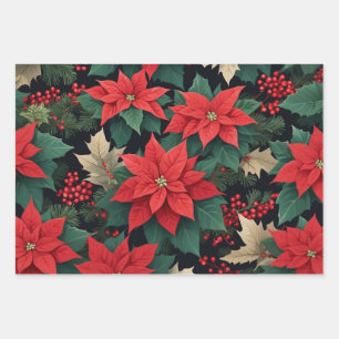 Christmas Red Poinsettia Flowers, Berries  Wrapping Paper Sheet