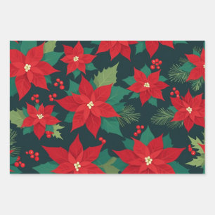 Christmas Red Poinsettia Flowers, Berries  Wrapping Paper Sheet