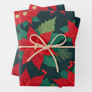 Christmas Red Poinsettia Flowers, Fir Branches Wrapping Paper Sheet