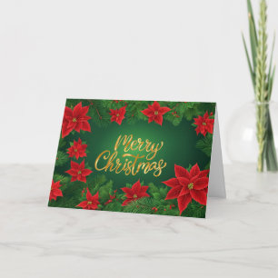 Christmas Red Poinsettia Flowers, Pine Branches Holiday Card