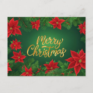 Christmas Red Poinsettia Flowers, Pine Branches Holiday Postcard