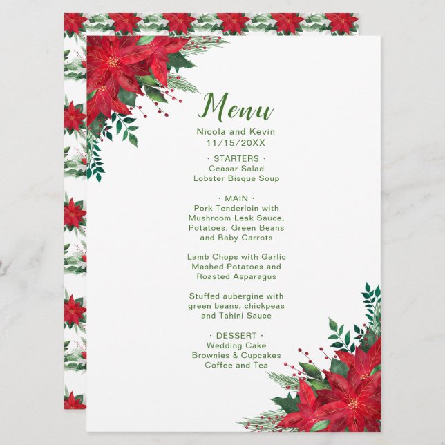 Christmas Red Poinsettia Flowers Wedding Menu (Front/Back)