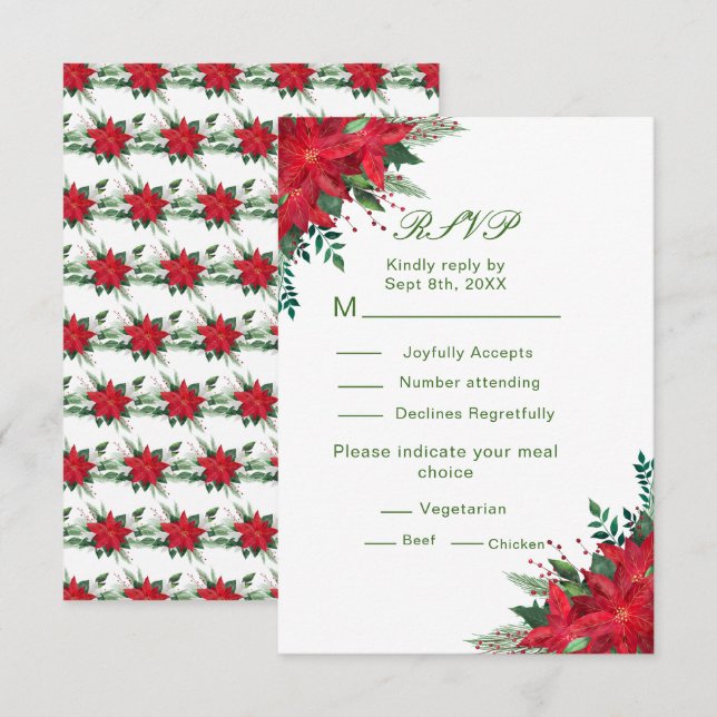 Christmas Red Poinsettia Flowers Wedding RSVP Card (Front/Back)