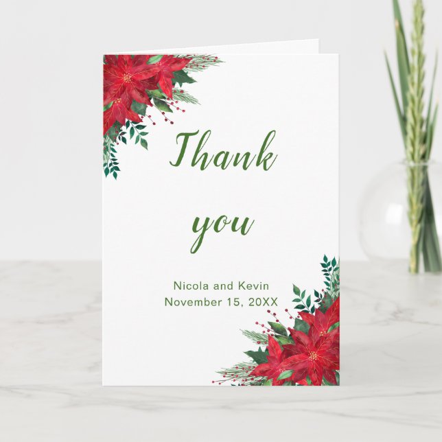 Christmas Red Poinsettia Flowers Wedding Thank You Card (Front)