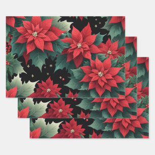 Christmas Red Poinsettia Flowers Wrapping Paper Sheet