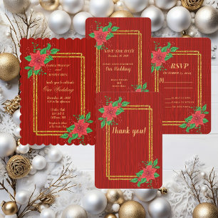 Christmas Red Poinsettia Gold Frame Wedding Invitation