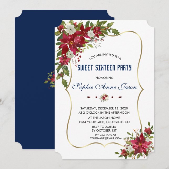 Christmas Red Poinsettia Gold Sweet Sixteen Party Invitation (Front/Back)