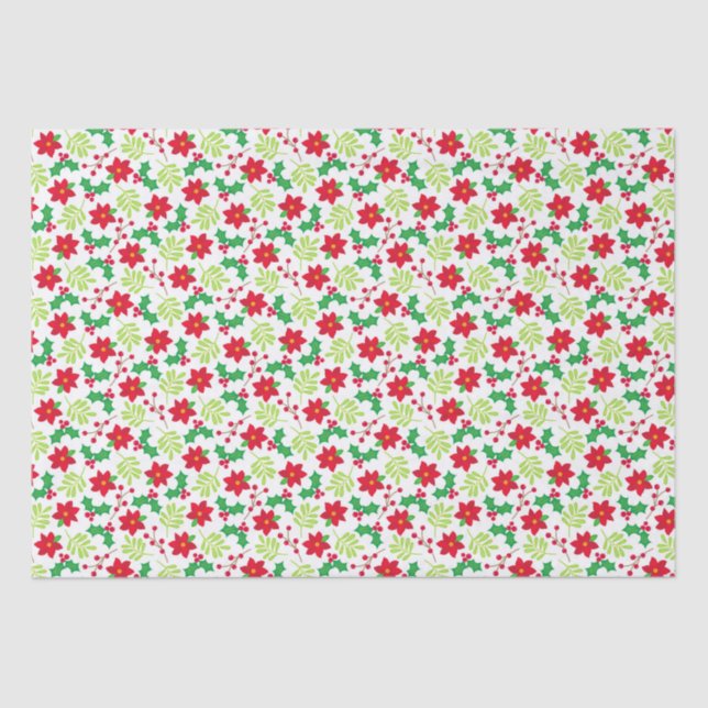 Christmas Red Poinsettia Green Holly Gift Tissue Paper (Front)