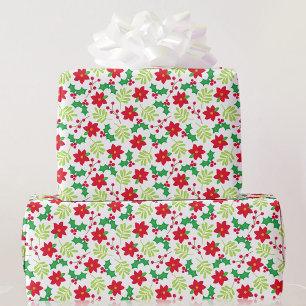 Christmas Red Poinsettia Green Holly Gift Wrapping Paper