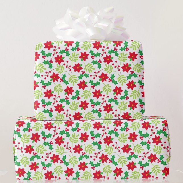 Christmas Red Poinsettia Green Holly Gift Wrapping Paper (Creator Uploaded)