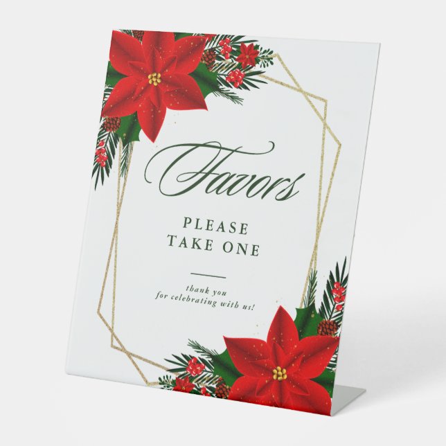 Christmas Red Poinsettia Greenery Geometric Favour Pedestal Sign (Front)