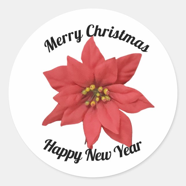 Christmas Red Poinsettia New Year Minimalist Classic Round Sticker (Front)