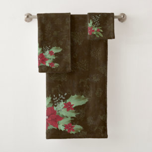 christmas red poinsettia on green branches   bath  bath towel set