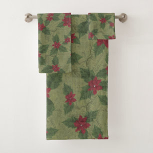 christmas red poinsettia on green branches bath towel set