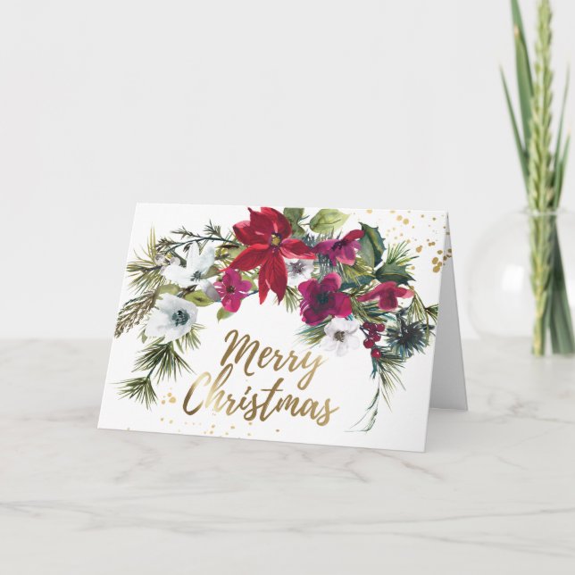 Christmas Red Poinsettia Pine Bible Isaiah 9:6 Holiday Card (Front)