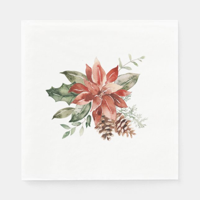 Christmas Red Poinsettia Pine Cones Greenery Napkin (Front)