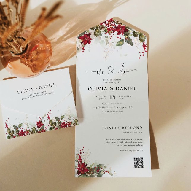 Christmas Red Poinsettia Wedding All In One Invitation (Creator Uploaded)