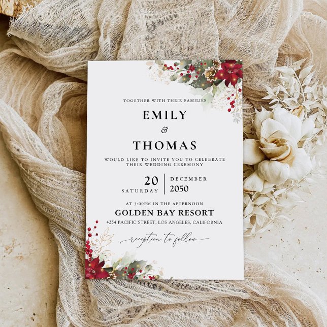 Christmas Red Poinsettia Wedding Ceremony Invitation (Creator Uploaded)