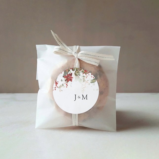 Christmas Red Poinsettia Wedding  Classic Round Sticker (Creator Uploaded)