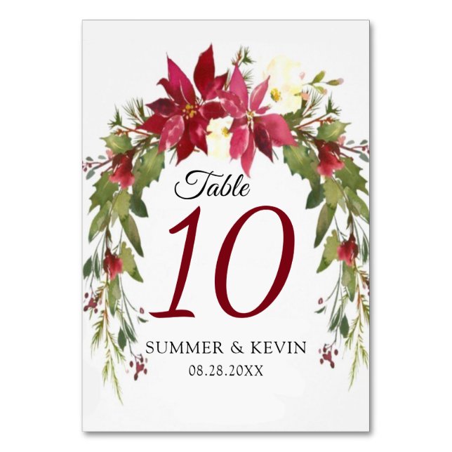 Christmas Red Poinsettia Wedding Table Number (Front)
