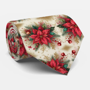 Christmas Red Poinsettia with Gold Mens Neck Tie