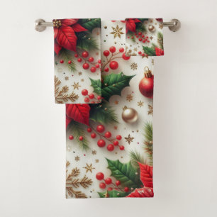 Christmas Red Poinsettia with Gold Snowflakes  Bath Towel Set