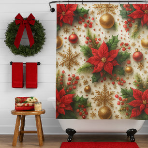 Christmas Red Poinsettia with Gold Snowflakes  Shower Curtain