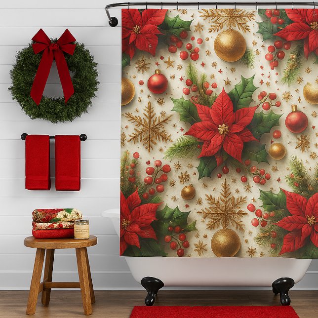 Christmas Red Poinsettia with Gold Snowflakes  Shower Curtain (Creator Uploaded)