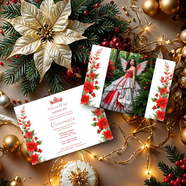 Christmas Red Poinsettias Inspirations Chic Floral Invitation (Christmas Red Poinsettias Inspirations Chic Floral Spanish Photo Mis XV Invitations Cards with Glam )