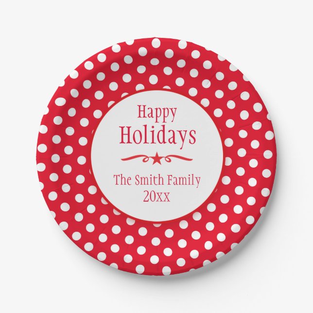 Christmas red polka dot name holiday paper plate (Front)