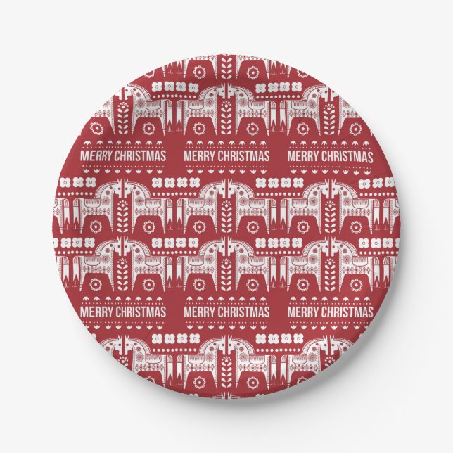 Christmas Red Reindeer Scandinavian Nordic Forest Paper Plate (Front)