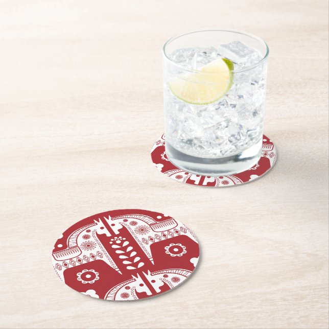 Christmas Red Reindeer Scandinavian Nordic Forest Round Paper Coaster (Insitu)