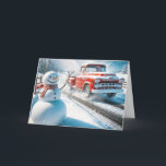 Christmas Red Retro Truck With Snowman<br><div class="desc">A cheerful snowman stands beside a road as a vintage red truck drives by in a snowy landscape</div>