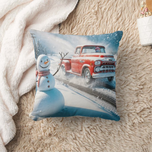Christmas Red Retro Truck With Snowman Cushion (Blanket)