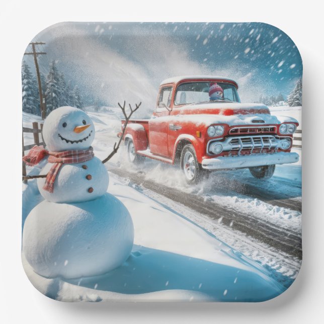 Christmas Red Retro Truck With Snowman Paper Plate (Front)