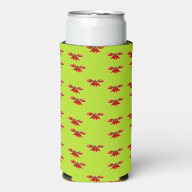 Christmas red ribbon on bright green seltzer can cooler (Seltzer Front)