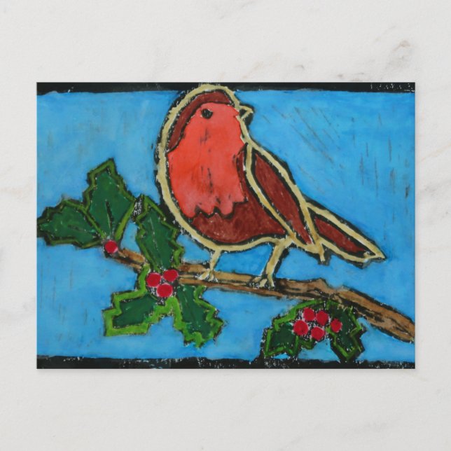 Christmas Red Robin, Green Holly Red Berries Holiday Postcard (Front)