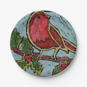 Christmas Red Robin, Green Holly Red Berries Paper Plate