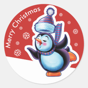 Christmas red round sticker Penguin skating.