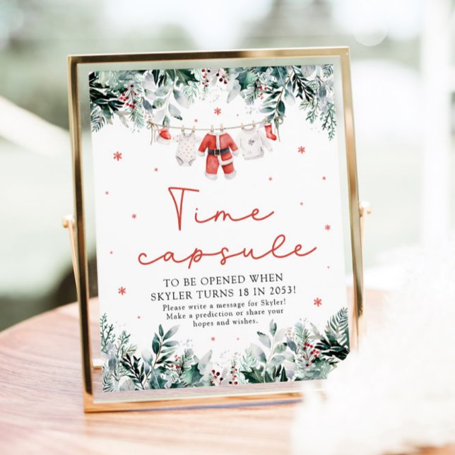 Christmas Red Santa Baby Shower Time Capsule Sign (Watercolor Christmas Red Santa Baby Shower Time Capsule Game Sign)