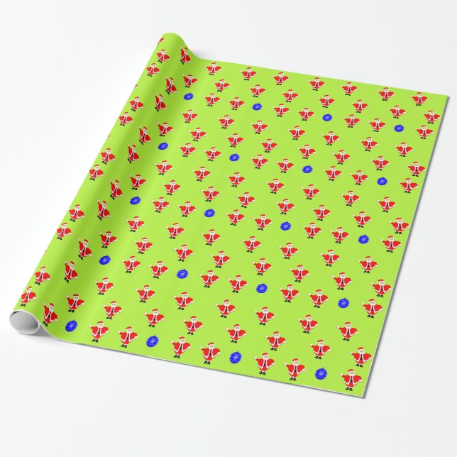 Christmas Red Santa Green Wrapping Paper (Unrolled)