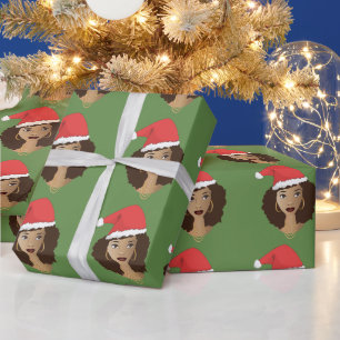 Christmas Red Santa Hat, Black Woman, Green Wrapping Paper