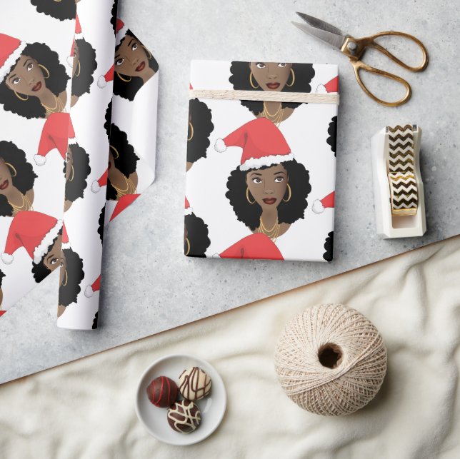 Christmas Red Santa Hat, Black Woman, Natural Hair Wrapping Paper (Crafts)