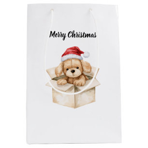Christmas Red Santa Hat Dog in Box Medium Gift Bag
