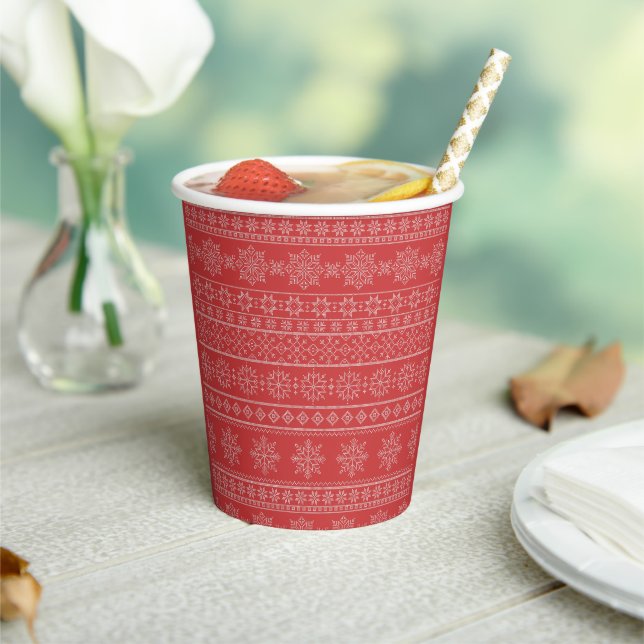 Christmas red scandinavian ugly sweater snowflake paper cups (Insitu)