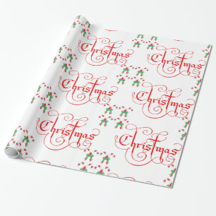 Christmas Red Script Candy Candy Cane Green Ribbon Wrapping Paper